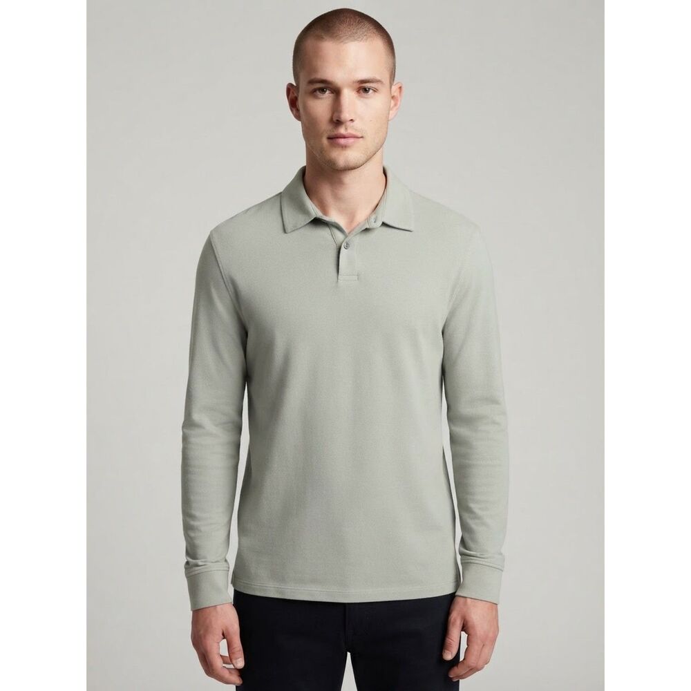 Banana Republic Men's Long Sleeve Polo Shirt 100% Cotton Medium Light Grey